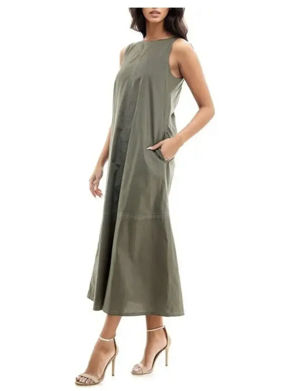 SOCIALITE Seamed Stretch Cotton Midi Dress - Olive/Ivory - Picture 1 of 6